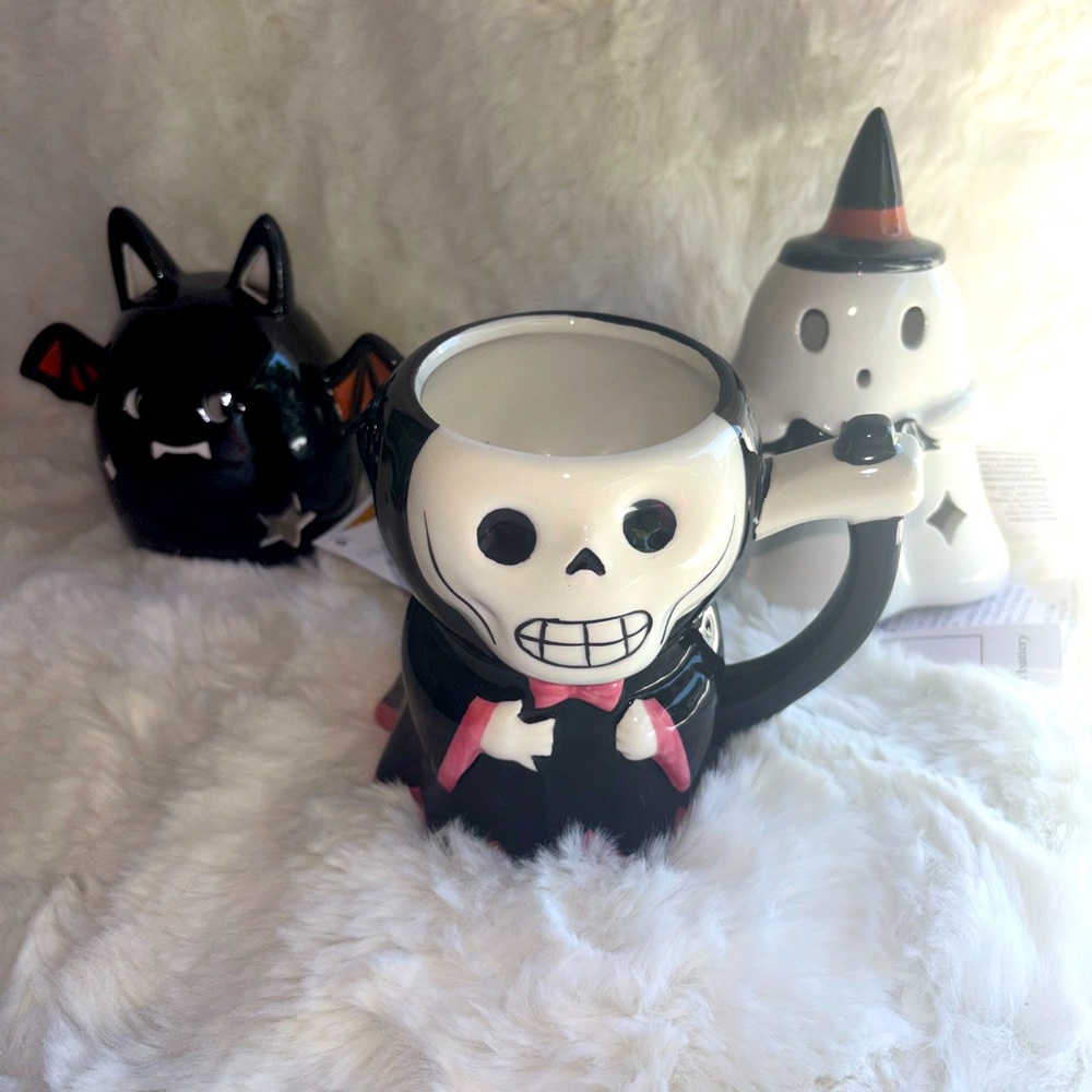 3 Piece Ceramic LED Halloween Spooky Bat ghost skull mug figurine Set • NWTS